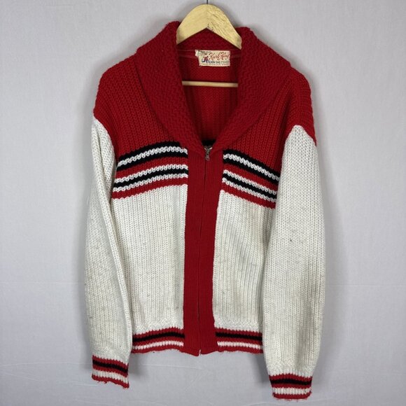 Vintage Kurl King Men M Canada Curling Sweater Red White Shawl Zip Cardigan - Picture 1 of 7